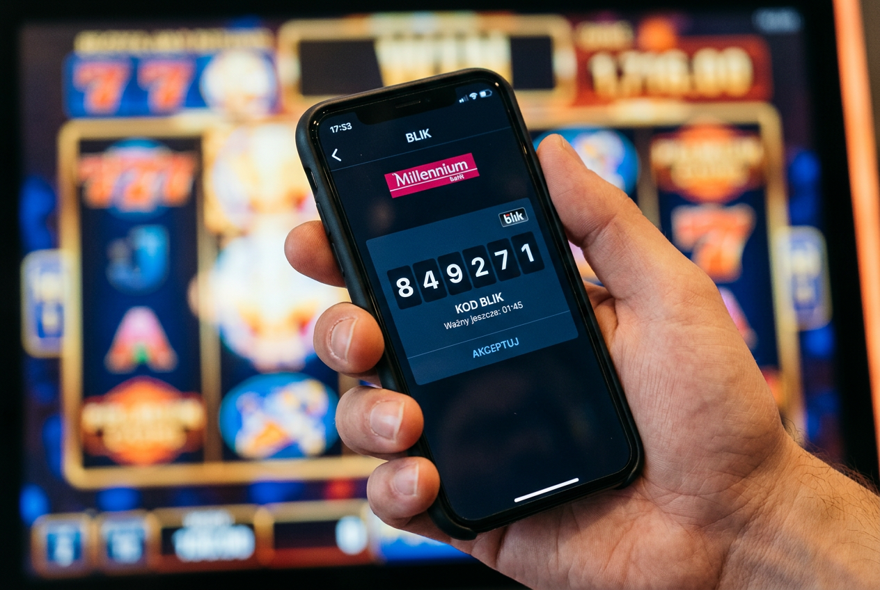 Zbliżenie na smartfon wyświetlający sześciocyfrowy kod BLIK używany do depozytu w kasynie online