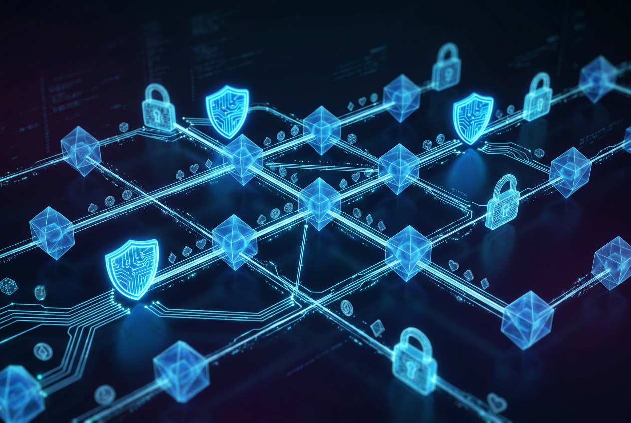 Abstrakcyjna wizualizacja zabezpieczeń cyfrowych i technologii blockchain w kasynie online
