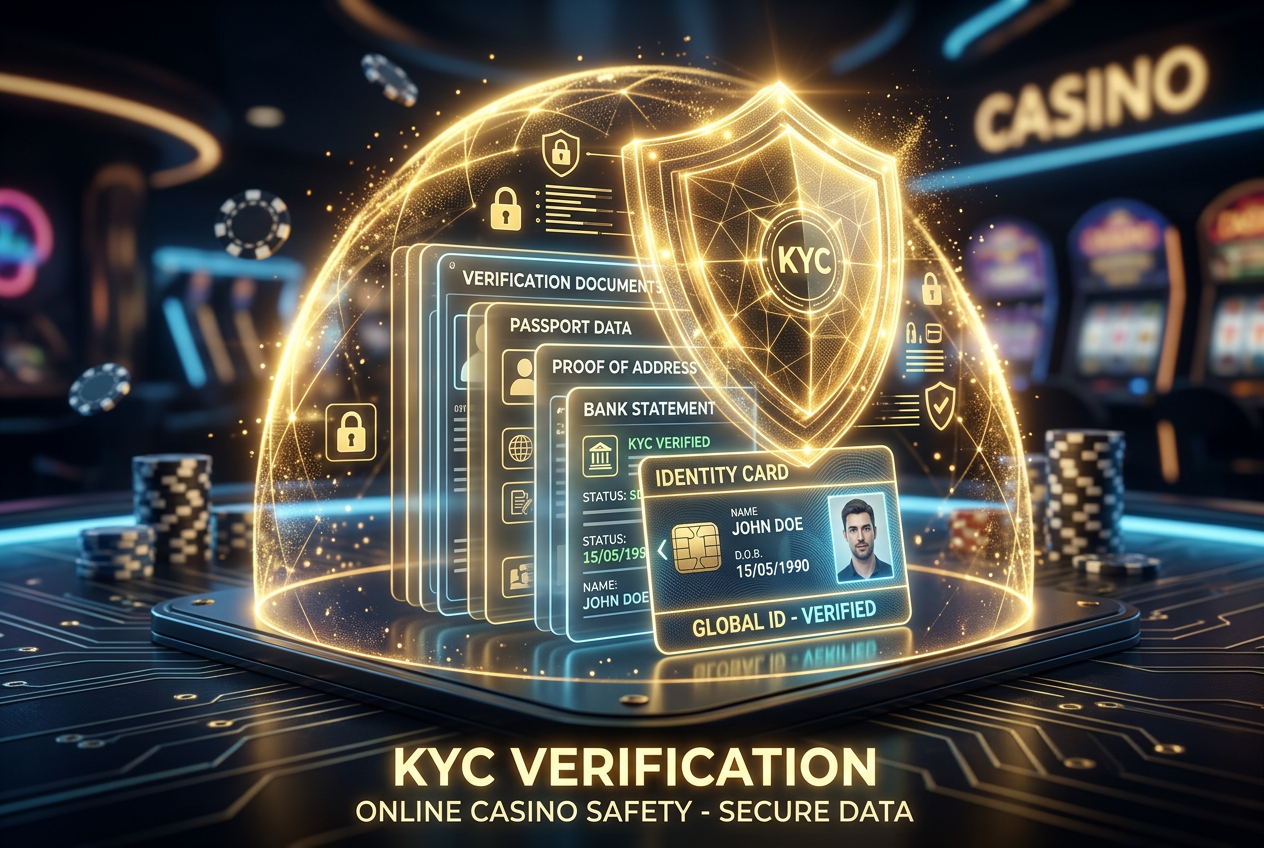 Ilustracja przedstawiająca proces weryfikacji KYC i bezpieczeństwo dokumentów w kasynie online