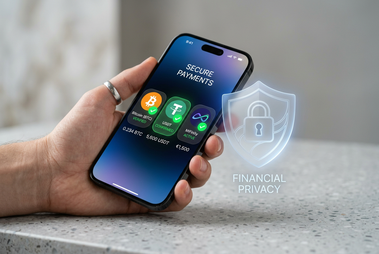 Smartfon wyświetlający ikony kryptowalut i e-portfeli na tle tarczy symbolizującej prywatność