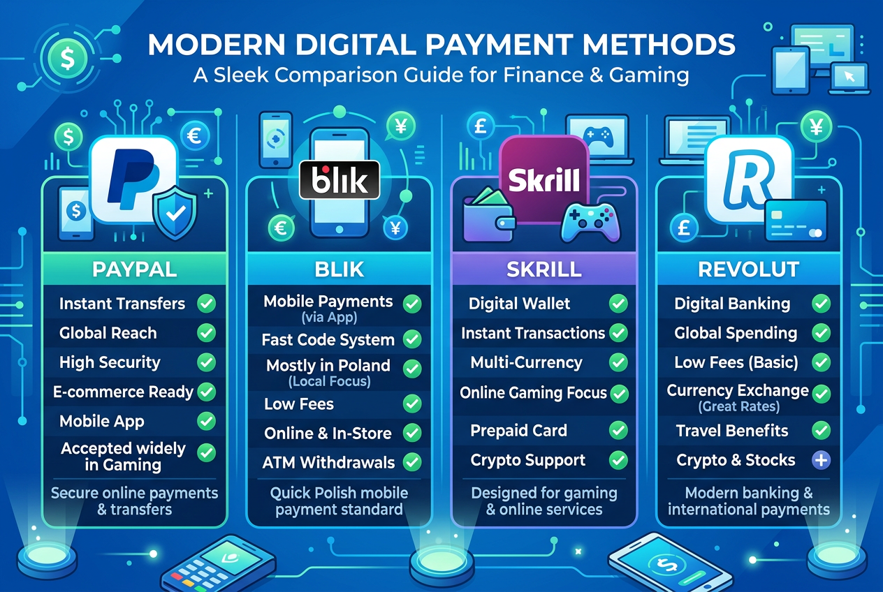 Infografika porównująca metody płatności PayPal, BLIK, Skrill i Revolut w kasynach online