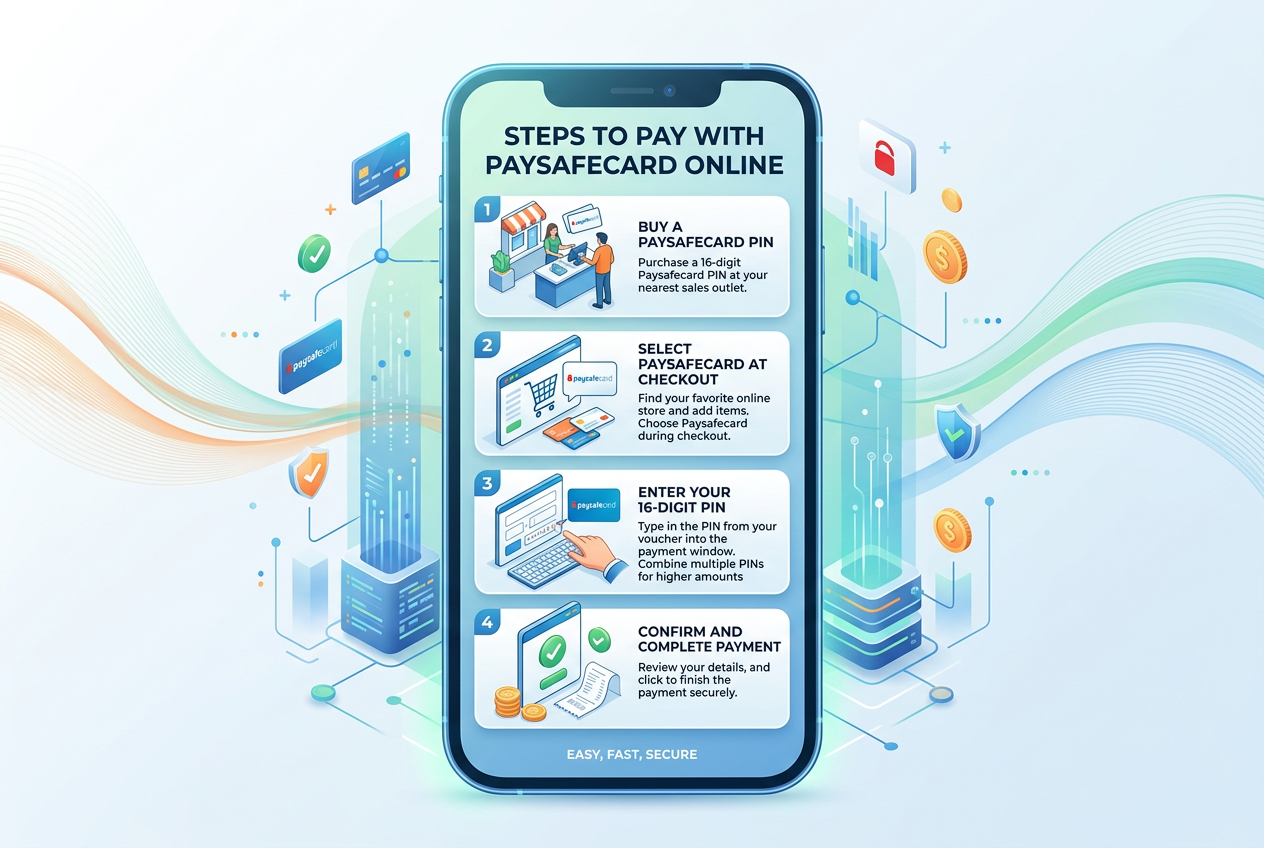 Infografika przedstawiająca proces wpłaty Paysafecard krok po kroku na smartfonie