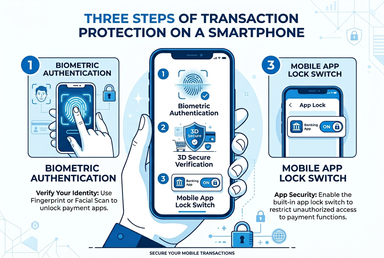 Infografika przedstawiająca poziomy zabezpieczeń: biometria, 3D Secure oraz mrożenie karty w aplikacji Revolut